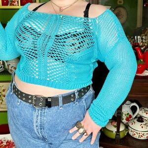 y2k mermaidcore fairycore teal blue sheer knitted longsleeve grunge sweater top
